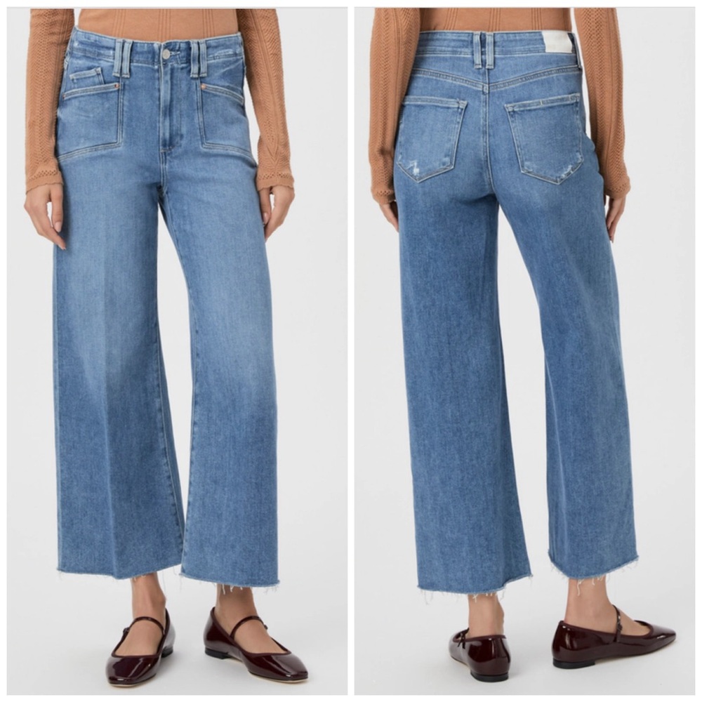 Paige Anessa Sunnie Distressed High Rise Wide Leg Crop Jeans 32 NWT New